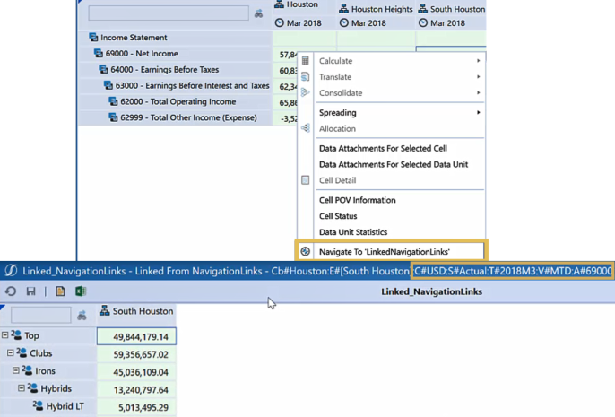 Right-click cells to navigate to the linked Cube View, retrieving data for the specified point of view parameters. These are also identified in the header.